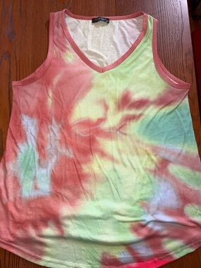 V-Neck Tie-Dye Tank Top - Coral, Yellow & Mint